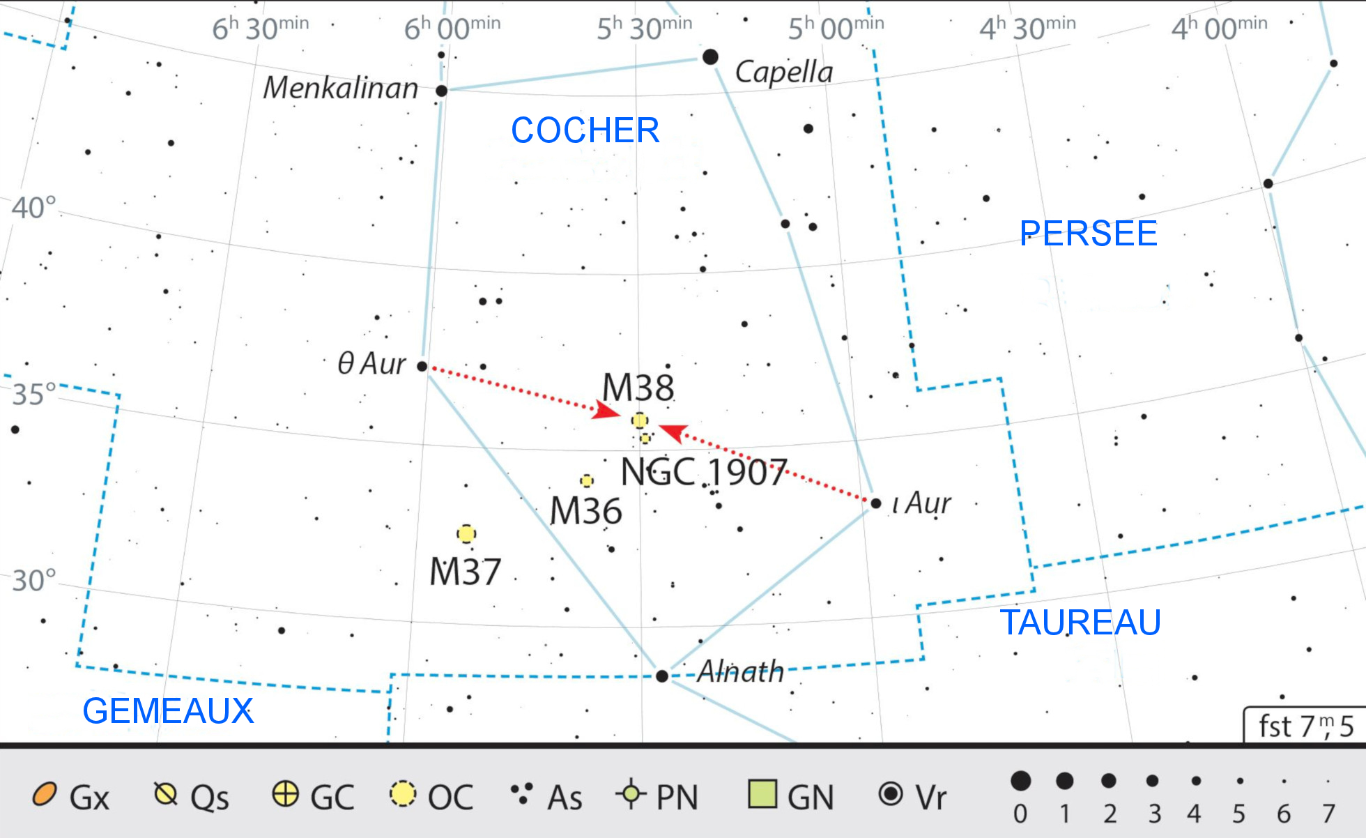 On peut trouver facilement les deux amas d'étoiles au centre, entre les étoiles ι et θ Aur. J Scholten